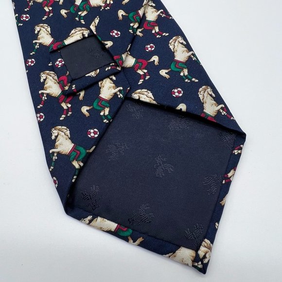 Brooks Brothers Makers Silk Navy Blue Prancing Horses Playing Soccer Mens Tie - Picture 3 of 6